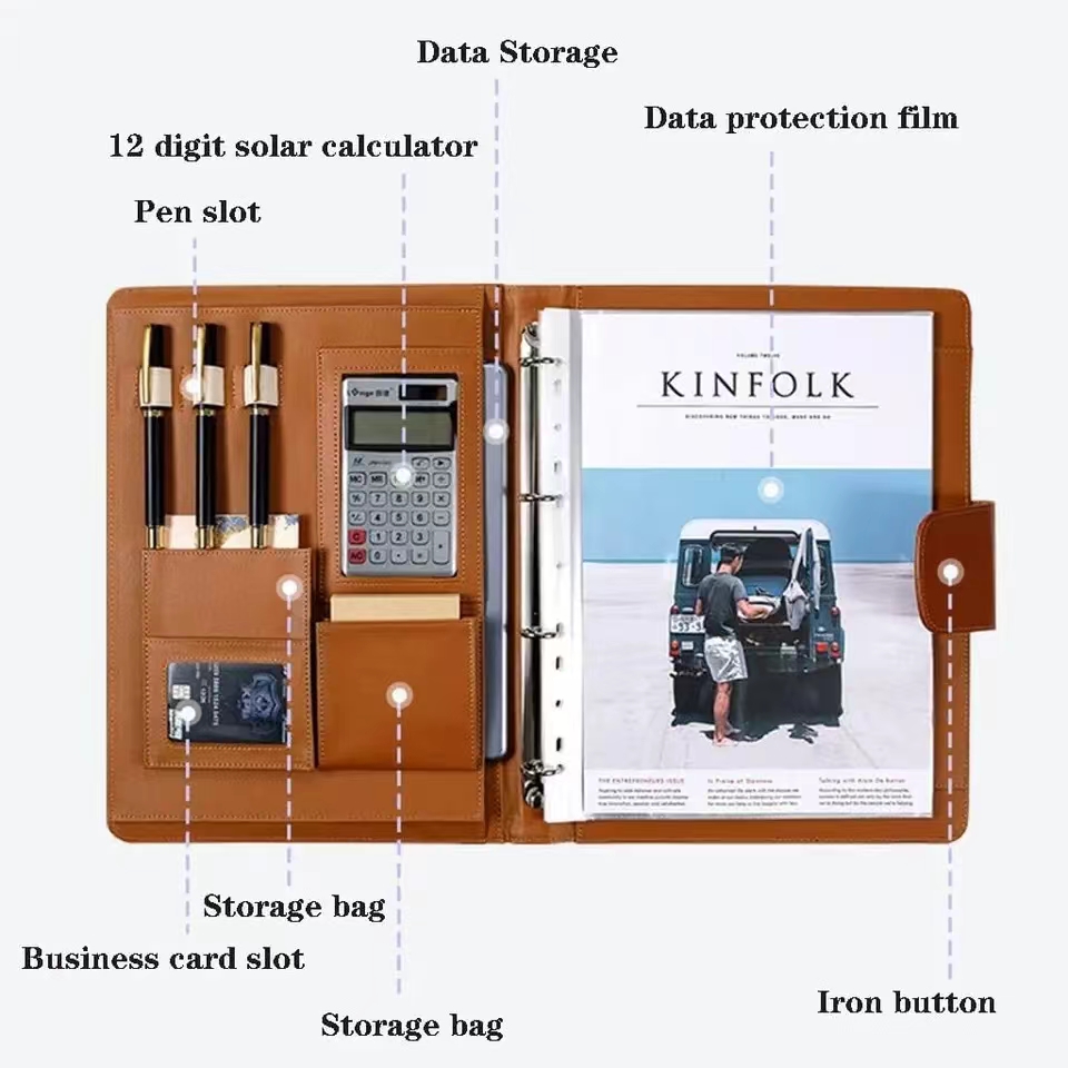 Leather Work Folder - A4Pu leather briefcase equipped with calculator