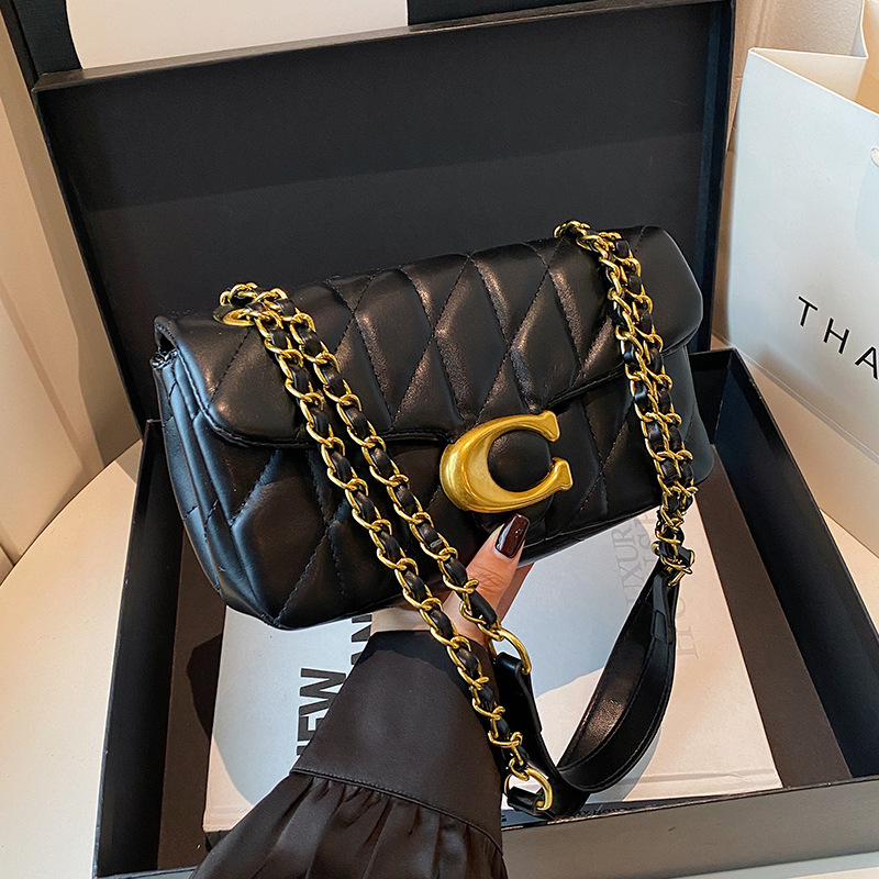 Leather Work Bag Women - New trendy vintage ladies diamond-pattern chain