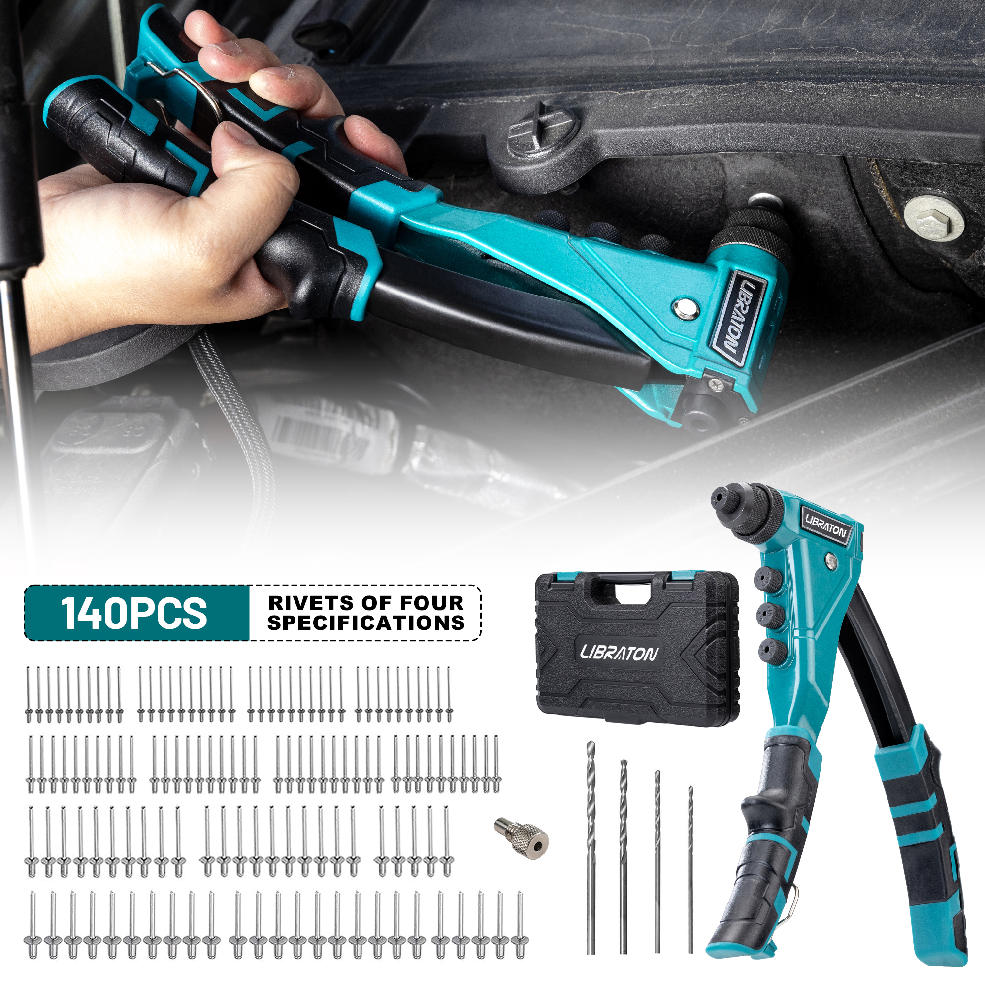 Rivet Setter Tool - LIBRATON 140pcs Heavy-Duty Rivet Gun Professional